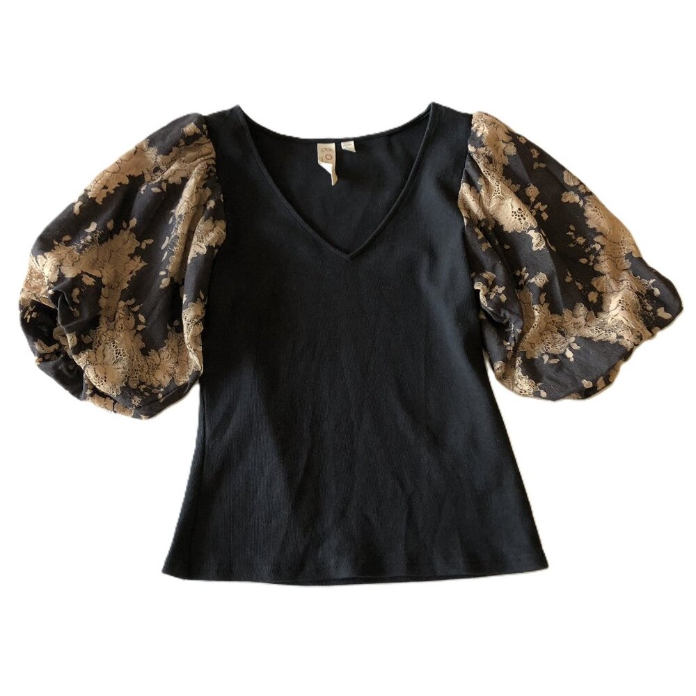 Anthropologie DOLAN Lace Puff-Sleeve Top Size XS V-Neck Black Stretchy Pullover